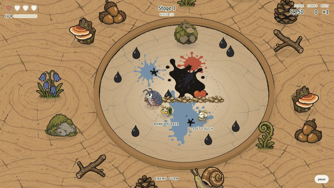 Bramble fights through splats and broken crates in a stump arena.