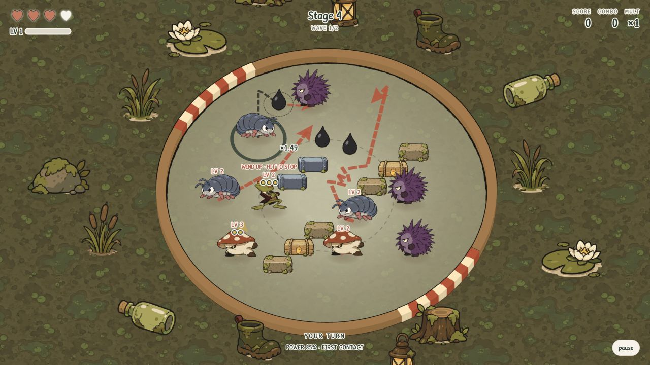 Pip lines up a bank shot among enemies, steel blocks and woodland scenery.